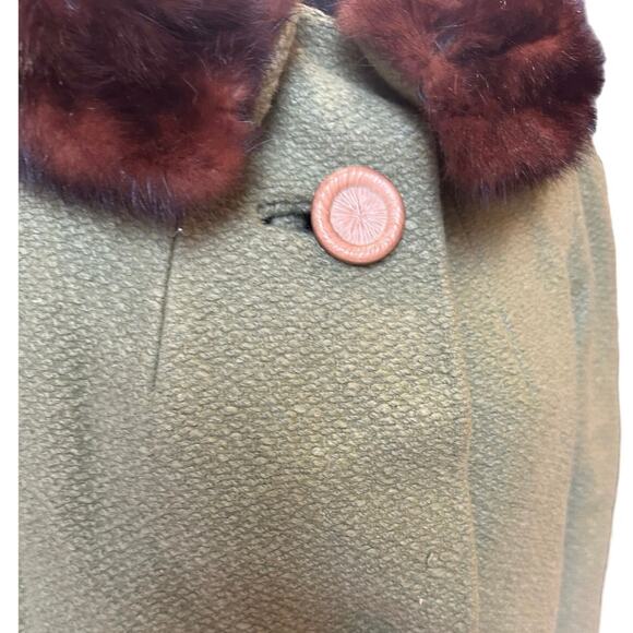Rare Vintage 1950s - 60s  Bettyjean Green Swing Coat Real Fur Collar SZ. 8 MCM - Picture 6 of 16